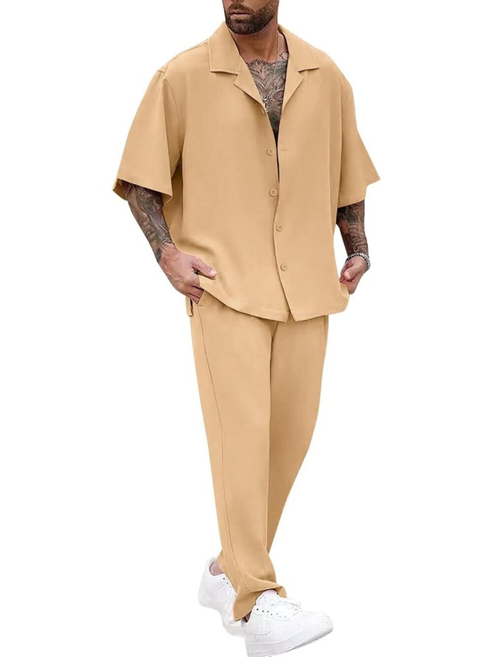 Men's Summer Casual 2-Piece Outfit Set - Short Sleeve Shirt & Elastic Pants for
